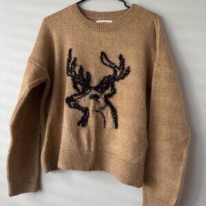 Anthropologie Tan Sweater with Black Stitched Deer Outline
